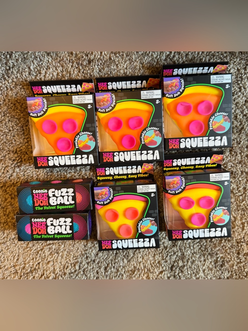 NeeDoh Squeezza Orange & Pink Pizza Slice Sensory Toy Fuzz Ball Velvet Bundle